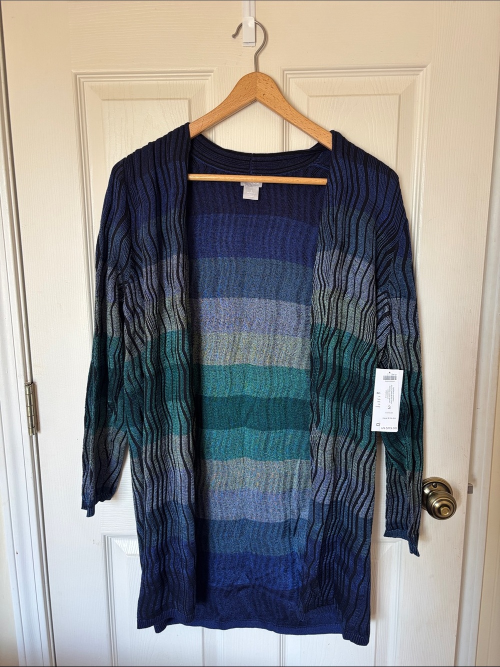 Chico's Open-Front Ombre Stripe Cardigan in Blue and Teal